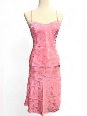 Vtg Deena 36/Med 2 Piece Cami Skirt Slip Set Pink Botanical Lace Trim Coquette